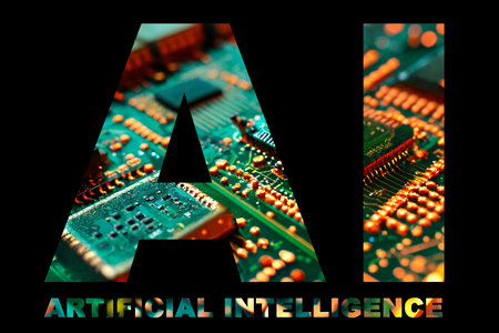 Lettering "AI artificial intelligence" on a black background. Green electronic printed circuit boards inside letters.の素材