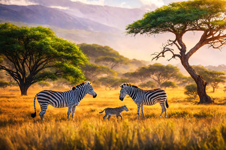 Zebra family in the African savannaの素材
