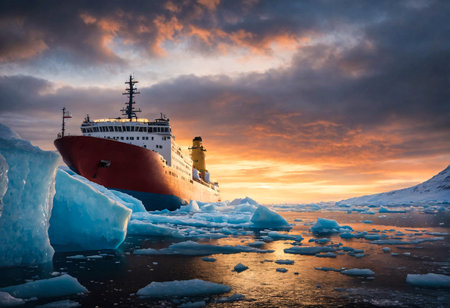 Icebreaker ship sailing in the northern icy seaの素材