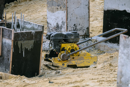 Gasoline soil compaction machine with vibrating plate on building site. Construction work of the...