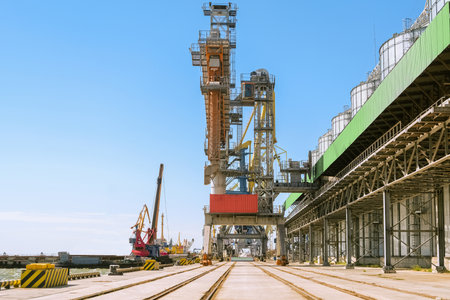 Large crane in a sea port terminal with bulk cargo storage facility. Front view of grain loading...