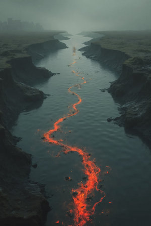 Gloomy small river with tectonic split of the riverbed and the appearance of red magmatic melt. Dark vertical landscape.の素材