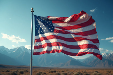 The US flag flies from a flagpole in the high mountain landscapeの素材