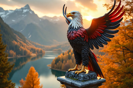 An eagle stylized in the colors of the German flag at sunset in the autumn highlands.の素材