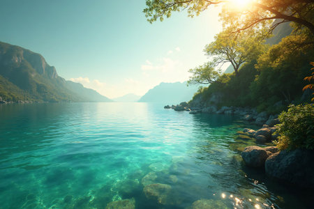 Summer landscape with highlands lake at sunny day. Availability of fresh water resource.の素材