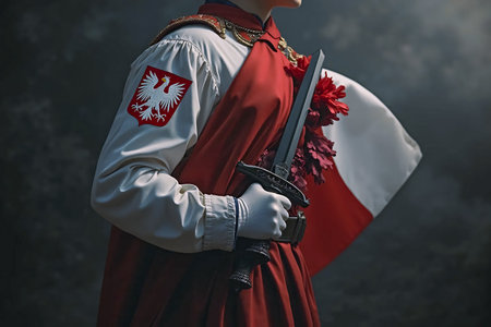 Human with a short sword in patriotic Polish medieval attireの素材