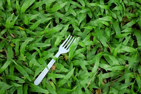 a white fork which has dropped on the grass in the park