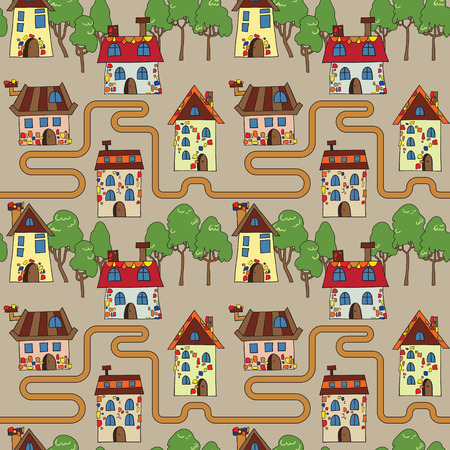Seamless pattern with fairy houses and treesのイラスト素材