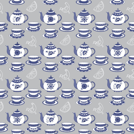 Seamless pattern with different tea, tea cups, lemons and birds in blue colorのイラスト素材