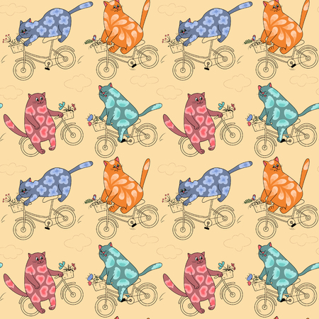 Seamless pattern with cats with ornament on bicycles in monophonic tonesのイラスト素材