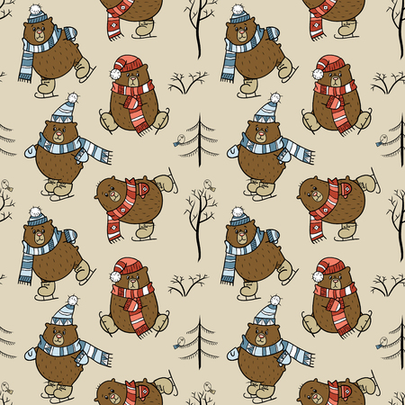 Seamless pattern with brown bears on skates, trees and birds のイラスト素材