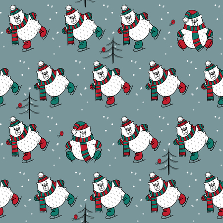 Seamless pattern with brown bears in hats on skates, trees and birds in white-green-red tonesのイラスト素材