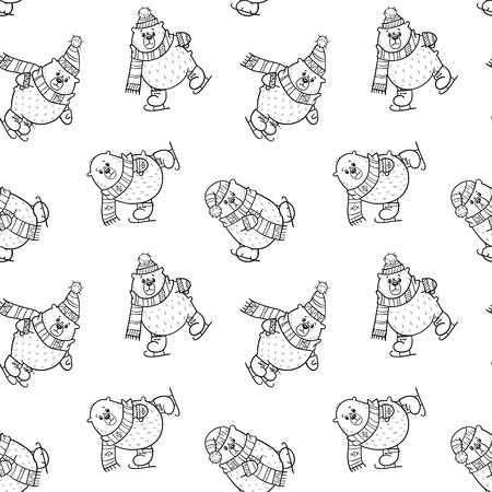 Seamless pattern with different bears in hats on skates in black and white tonesのイラスト素材