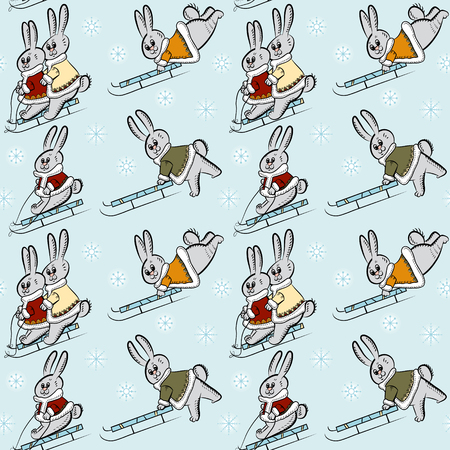 Seamless pattern with funny rabbits in colorful coats on sledsのイラスト素材