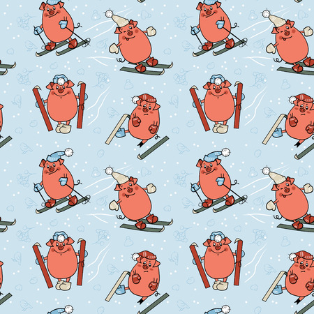 Seamless pattern with funny pigs on skisのイラスト素材