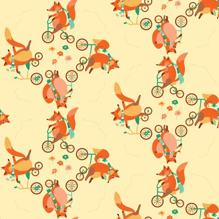 Seamless pattern with foxes on bicycles and flowers.のイラスト素材