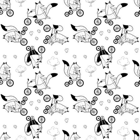 Seamless pattern with foxes on bicycles, birds and trees. Animalistic vector background. Black and white tones. Can be used for wallpapers, pattern fills, textile, surface texturesのイラスト素材