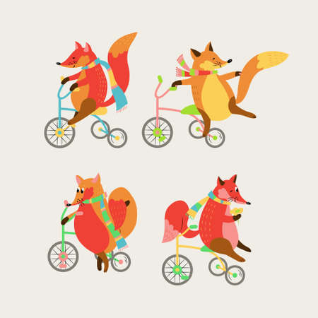 Collection with foxes in scarves on bicycles. Can be used for wallpapers, pattern fills, textile, surface texturesのイラスト素材