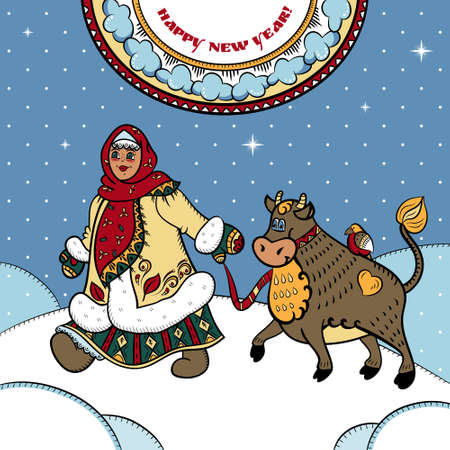 Merry Christmas card with girl and calf, and English text "Happy New Year!"のイラスト素材
