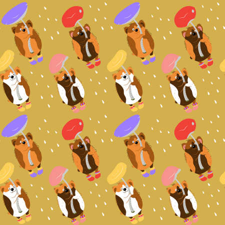 Seamless pattern with different guinea pigs and multicolored mushrooms. Animalistic vector background. Multicolor. Can be used for wallpapers, pattern fills, textile, surface texturesのイラスト素材