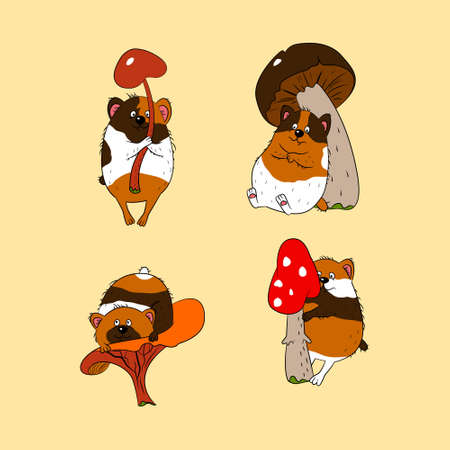 Collection with guinea pigs in brown colors and different mushrooms. Can be used for wallpapers, pattern fills, textile, surface texturesのイラスト素材