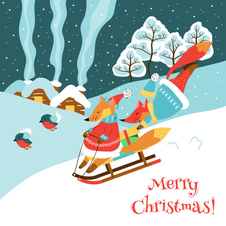 Merry Christmas card with foxes wearing coats and hats and birds. In the background there are houses, forest, snow and textのイラスト素材