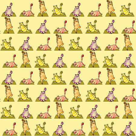 Seamless pattern with tabby yoga cats and mats. Animalistic vector background. Yellow and red tones. Can be used for wallpapers, pattern fills, textile, surface texturesのイラスト素材