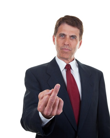 Middle aged business man making a rude hand gesture.の写真素材