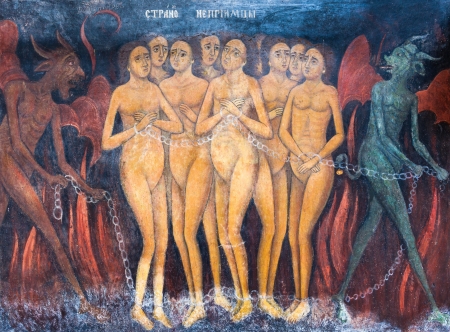 RILA, BULGARIA-JULY 8: Scene from Hell painted on the walls of Rila Monastery church. Rila Monastery is the largest in Bulgaria のeditorial素材