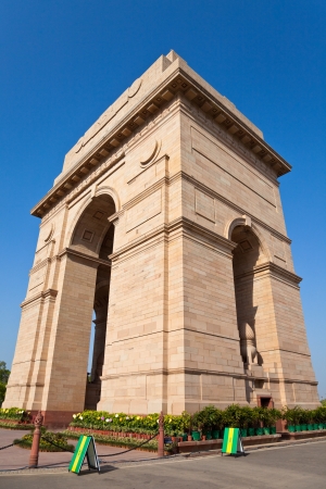 Dramatic angle view of the India Gate monument in New Delhi, India.の写真素材