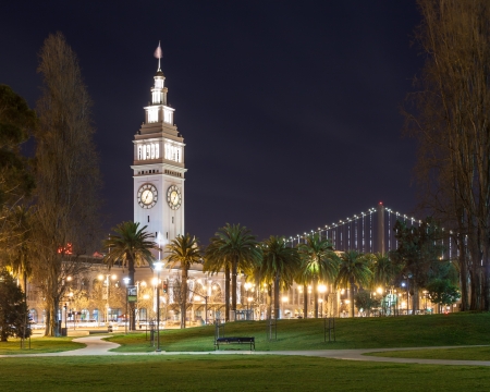 San Francisco Ferry Building at night.