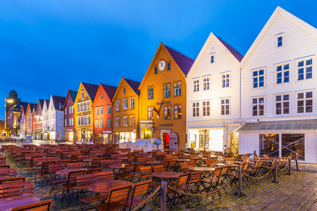 The Bryggen Hanseatic Wharf at night.のeditorial素材