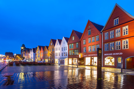 The Bryggen Hanseatic Wharf at night, a UNESCO World Heritage site with in Bergen, Norway.のeditorial素材