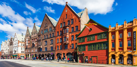 Panorama of the Bryggen Hanseatic Wharf, a UNESCO World Heritage site with shops, hotels, and restaurants in Bergen, Norway.のeditorial素材