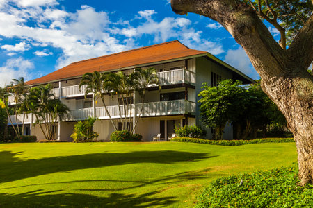 KAUAI, HAWAII - OCTOBER 16: Beautiful tropical resort on a summer day in Kauai. Taken on October 16, 2021 in Kauai, Hawaiian Islands.のeditorial素材