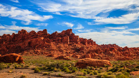 16x9 panorama of red rocks lit by morning light in the Valley of Fire State Park, Nevada.の写真素材