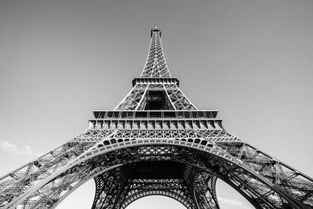 View from the bottom of the Eiffel Tower in Paris, France.