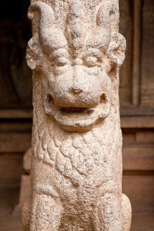 Lion shaped column at an ancient temple in Mahabalipuram, India.の写真素材