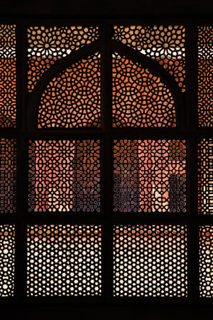 Intricate window artwork in the tomb of Salim Chishti at Fatehpur Sikri, India.の写真素材