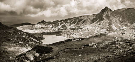 Black and white landscape at the Seven Rila Lakes in the Rila Mountains, Bulgariaの写真素材