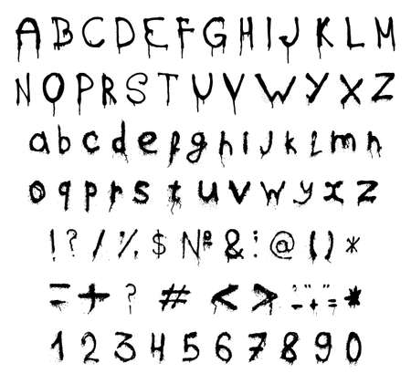 Set of letters, numbers and punctuation marks in grunge style. The alphabet with ink drips.のイラスト素材