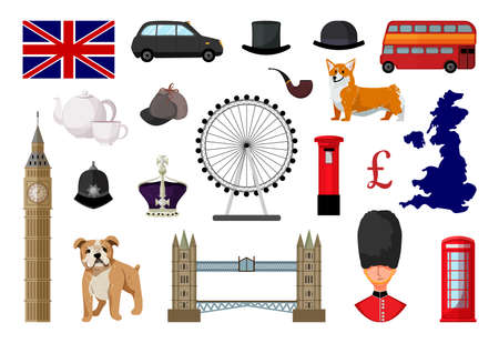 Vector objects associated with the United Kingdom of Great Britain. Illustrations of London landmarks in modern flat style.のイラスト素材