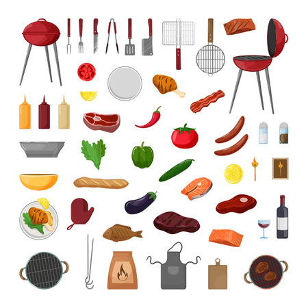 Collection of barbecue objects. Picnic equipment and food.のイラスト素材