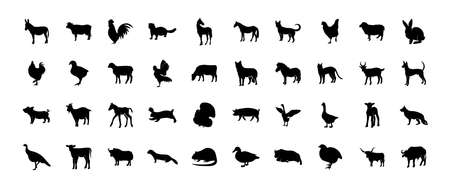 Pets vector silhouettes isolated on white background. Farm animals icons. Poultry, cattle, cats, dogs.のイラスト素材