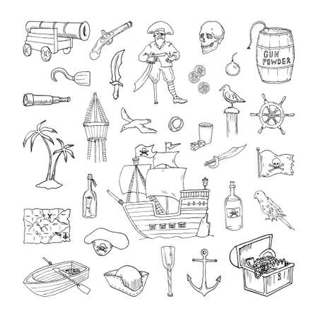 Collection of pirate equipment in sketch style. Hand drawings in art ink style. Black and white graphics.のイラスト素材