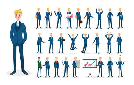 Set of illustrations with an entrepreneur character performing various business activities. Young businessman in a suit with different poses and emotions.のイラスト素材