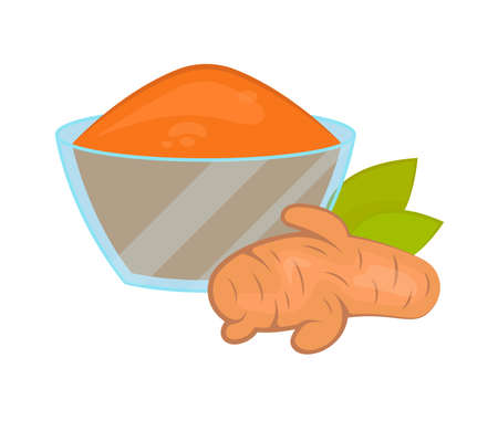 Vector illustration of a bowl with turmeric. Food additive on a white background.のイラスト素材