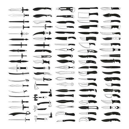 Collection of black silhouettes of steel arms and knives. Icons for creating tattoos, prints, stickers.のイラスト素材