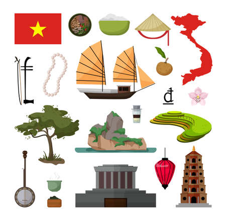 Vector objects associated with Vietnam. Illustrations of vietnamese landmarks in modern flat style.のイラスト素材