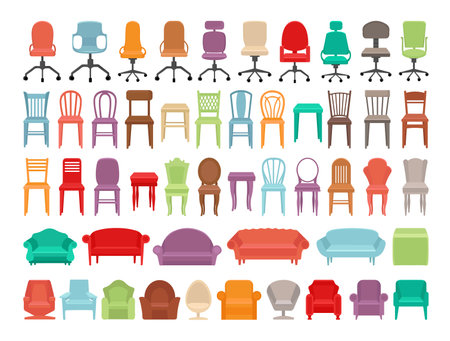Collection of colorful chairs, armchairs and sofas. Vector objects for interior creation.のイラスト素材